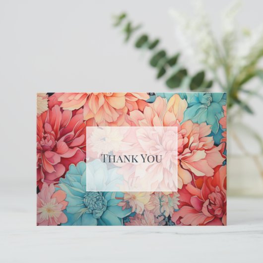 Teal, koraal en champagne bloemig bedankkaart (Staand voorkant)