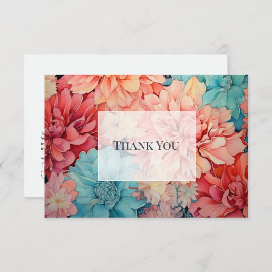 Teal, koraal en champagne bloemig bedankkaart (Voorkant / Achterkant)