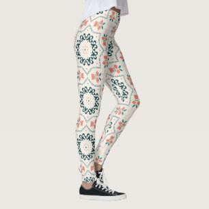 Teal Koraal Islamitisch Geometrisch Bloempatroon Leggings