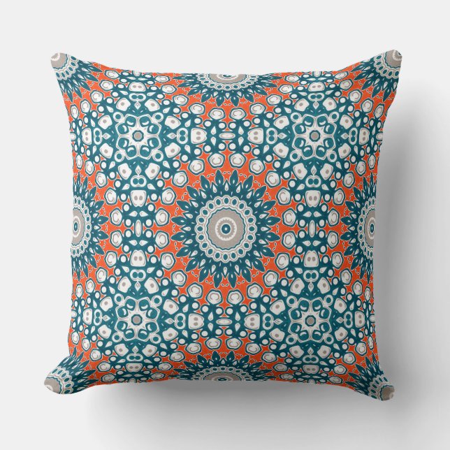 Teal Koraal Mandala Decoratief Patroon Kussen (Voorkant)