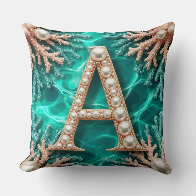🌊Teal Koraal Parel Monogram Letter A Cadeau 🌊 Kussen (Voorkant)
