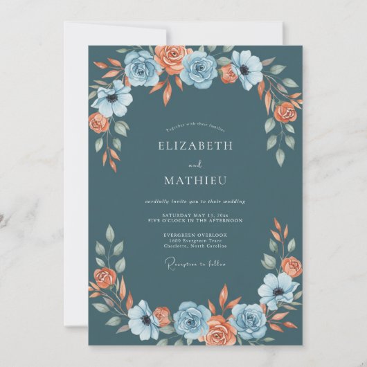 Teal Koraal Ranunculus Eucalyptus Bruiloft Kaart (Voorkant)