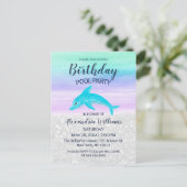 Teal Lavender White Glitter Dolphin Pool Birthday Uitnodiging Briefkaart (Staand voorkant)