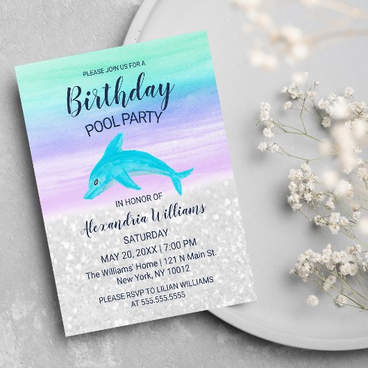 Teal Lavender White Glitter Dolphin Pool Birthday Uitnodiging Briefkaart