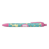 Teal Leaves Botanical Pattern Bright Pink Monogram Zwarte Inkt Pen (Bovenkant)