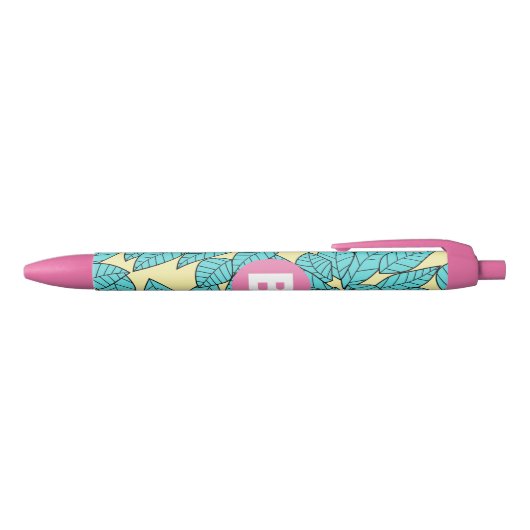 Teal Leaves Botanical Pattern Bright Pink Monogram Zwarte Inkt Pen (Bovenkant)