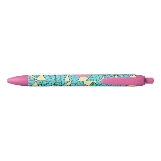 Teal Leaves Botanical Pattern Bright Pink Monogram Zwarte Inkt Pen (Achterkant)