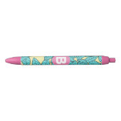 Teal Leaves Botanical Pattern Bright Pink Monogram Zwarte Inkt Pen (Voorkant)