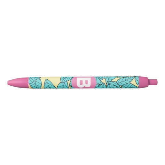 Teal Leaves Botanical Pattern Bright Pink Monogram Zwarte Inkt Pen (Voorkant)