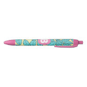 Teal Leaves Botanical Pattern Bright Pink Monogram Zwarte Inkt Pen (Bodem)