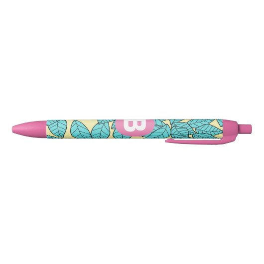 Teal Leaves Botanical Pattern Bright Pink Monogram Zwarte Inkt Pen (Bodem)