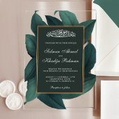 Teal Leaves Gold Border Islamic Muslim Wedding Acryl Uitnodigingen