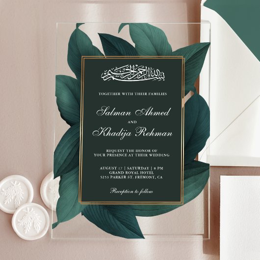 Teal Leaves Gold Border Islamic Muslim Wedding Acryl Uitnodigingen