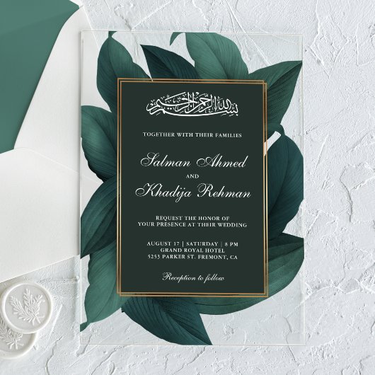Teal Leaves Gold Border Islamic Muslim Wedding Acryl Uitnodigingen