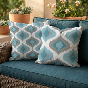 Teal Leisteen Blauwgrijze Retro Ikat Druppels Patr Buitenkussen