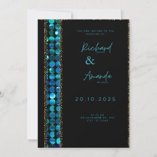 Teal Luxe Mozaïek Zwarte Luxe Trouwuitnodiging Kaart