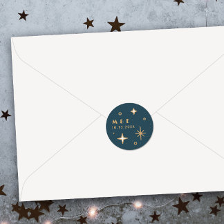 Teal Maan & Sterren Hemelse Trouwsticker Ronde Sticker