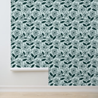 teal madeliefjes bloemenpatroon behang