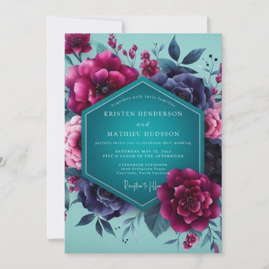 Teal Magenta Dramatic Bloom Wedding Kaart (Voorkant)