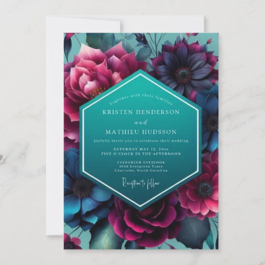 Teal Magenta Nocturne Bruiloft Kaart (Voorkant)