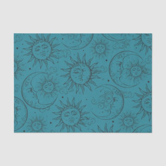 Teal Magic Vintage Hemel Zon Maan Sterren Tissuepapier (Voorkant)