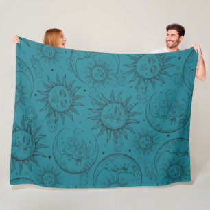 Teal Magie Vintage Hemel Zon Maan Sterren Fleece Deken