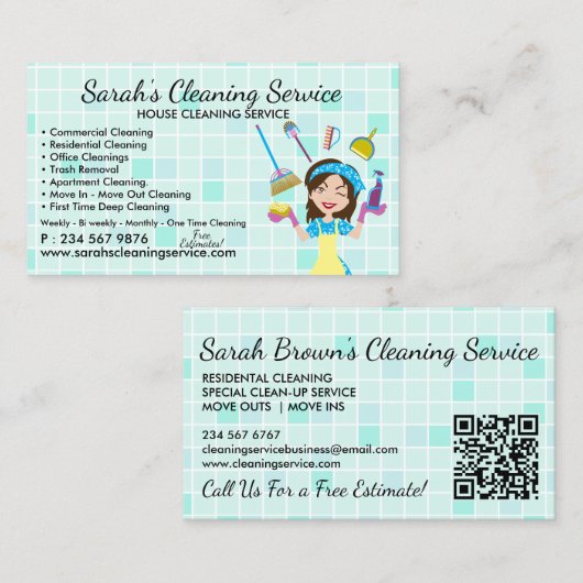 Teal Maid Janitorial Lady qr code Cleaning Service Visitekaartje (Voorkant / Achterkant)