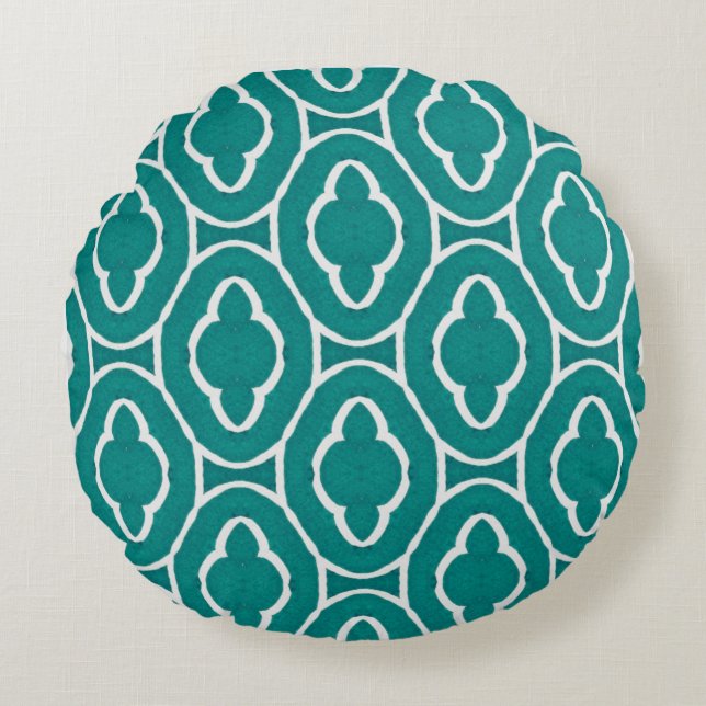 Teal Marokkaans Traliepatroon Rond Kussen (Voorkant)