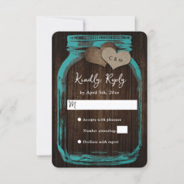Teal Mason Jar Burlap Hearts Wood Wedding RSVP Kaartje