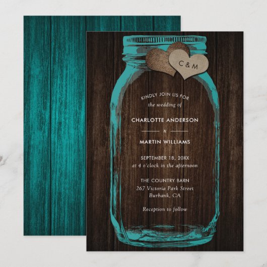 Teal Mason Jar Wood Monogram Burlap Hearts Wedding Kaart (Voorkant / Achterkant)