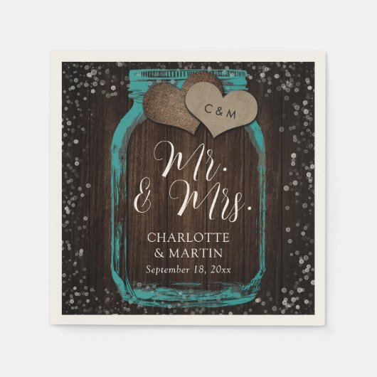 Teal Mason Jar Wood Mr. & Mrs. Wedding Servet (Voorkant)