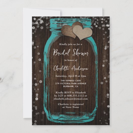 Teal Mason Jar Wood Rustic Bridal Shower Kaart (Voorkant)