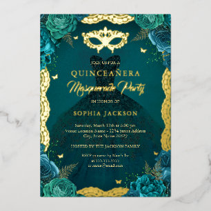 Teal Masquerade Feest Bloemrijke Jurk Quinceanera Folie Uitnodiging