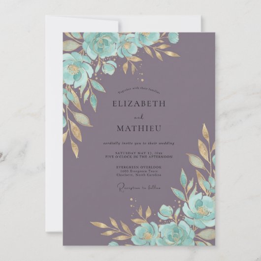 Teal Mauve Bloem Bruiloft Kaart (Voorkant)