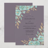 Teal Mauve Bloem Bruiloft Kaart (Voorkant / Achterkant)