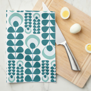 Teal Mid Mod Bloemenpatroon Theedoek