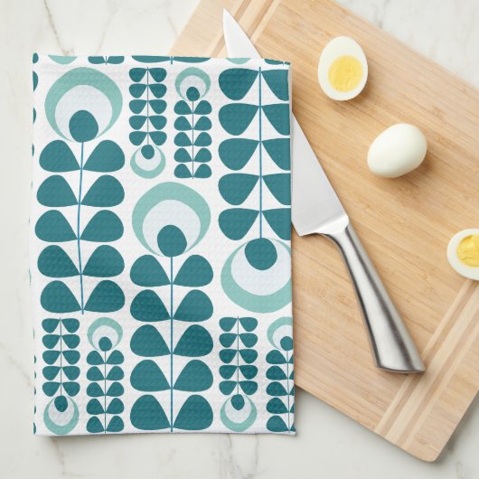 Teal Mid Mod Bloemenpatroon Theedoek (Quarter Fold)