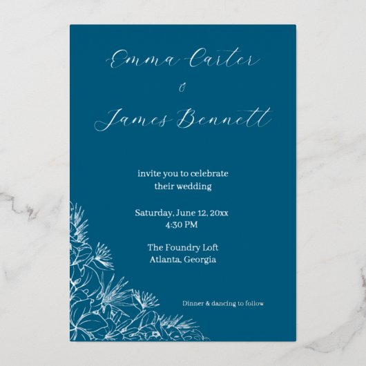 Teal Modern Botanical Wedding Foil Invitation Folie Uitnodiging (Voorkant)