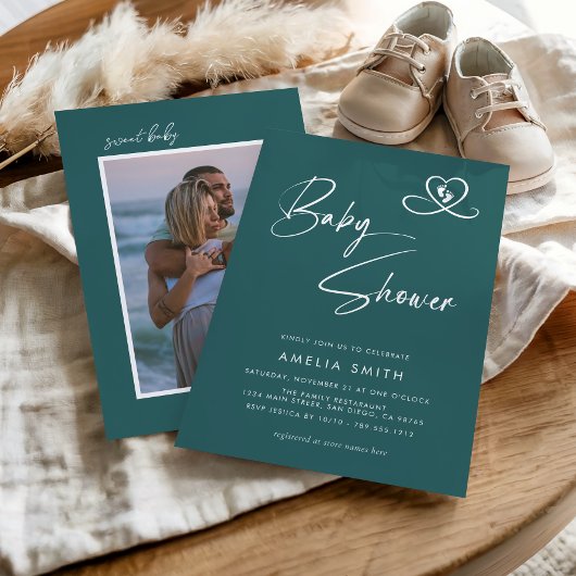 Teal Modern Script Baby Shower Photo Kaart