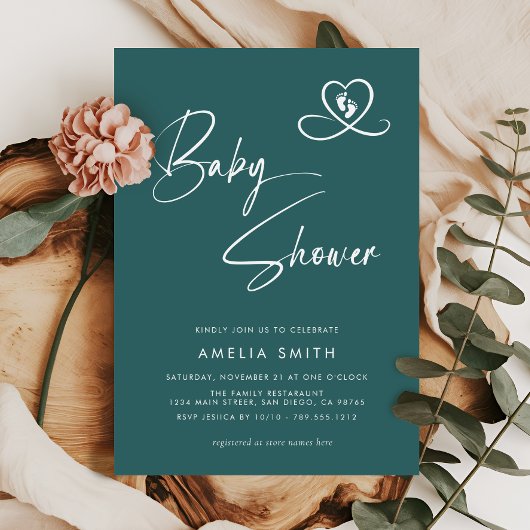 Teal Modern Script Baby Shower Photo Kaart