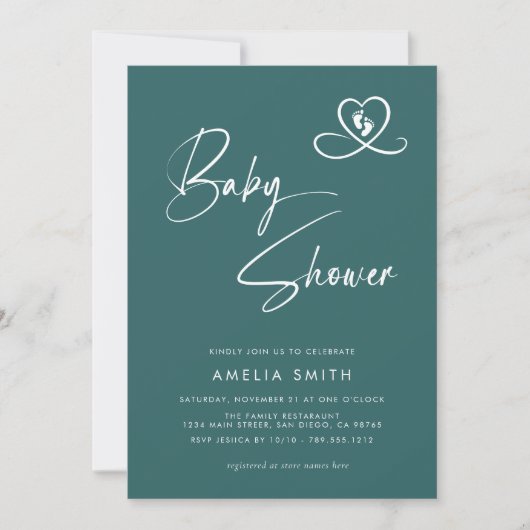 Teal Modern Script Baby Shower Photo Kaart (Voorkant)