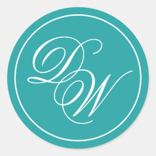 Teal Monogram 2 Initialen Eenvoudige Witte Calligr Ronde Sticker