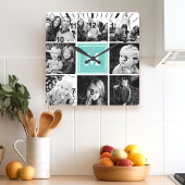 Teal Monogram Familie Foto Collage Vierkante Klok