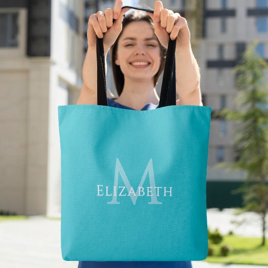 Teal Monogram Modern Name Initial Tote Tote Bag