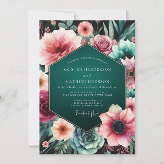 Teal Moody Floral Elegance Wedding Kaart (Voorkant)