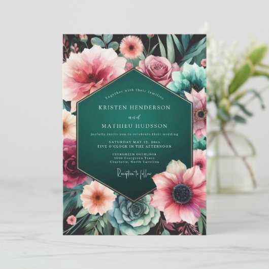 Teal Moody Floral Elegance Wedding Kaart (Staand voorkant)