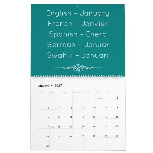 Teal Multilingual Calendar Kalender (Jan 2027)