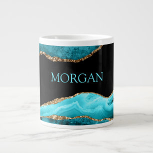 Teal Naam op Zwart, Goud & Teal Agate Grote Koffiekop