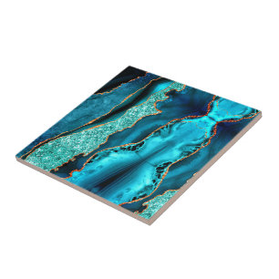 Teal Navy Blauwe Gouden Marmer Turquoise Keramisch Tegeltje