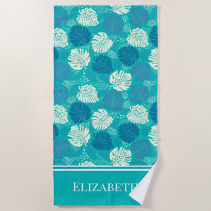 Teal Navy en Witte Kust Monstera Aangepaste Naam Strandlaken
